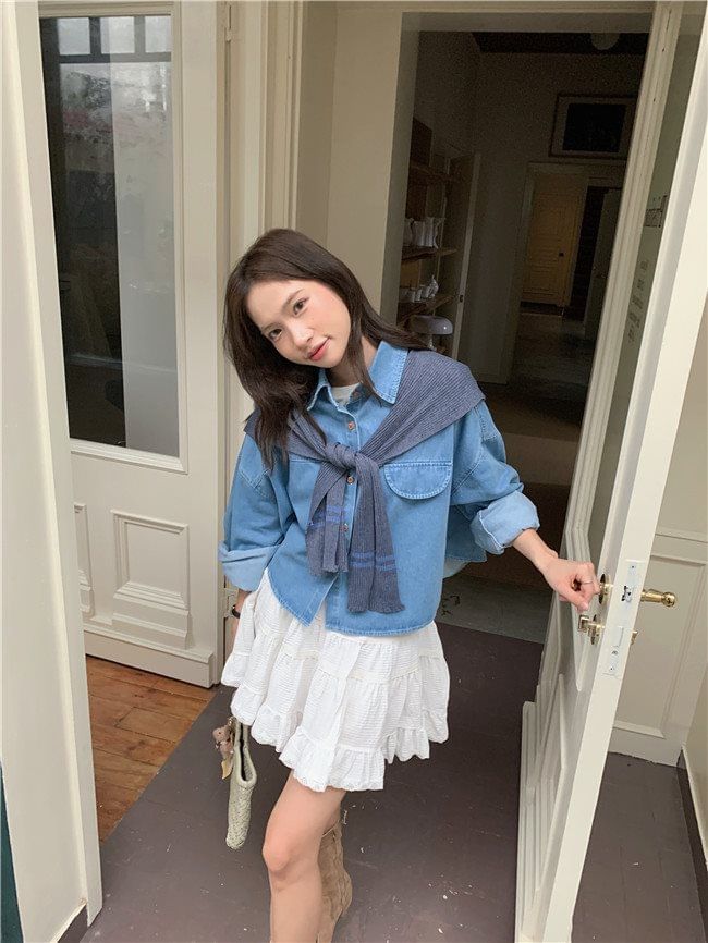 Washed Denim Shirt with Striped Scarf Set