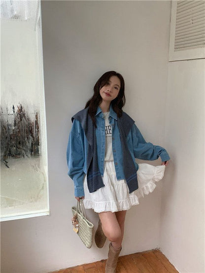 Washed Denim Shirt with Striped Scarf Set