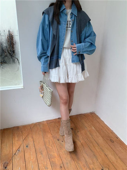 Washed Denim Shirt with Striped Scarf Set