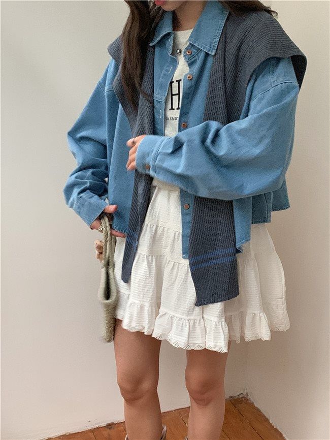 Washed Denim Shirt with Striped Scarf Set