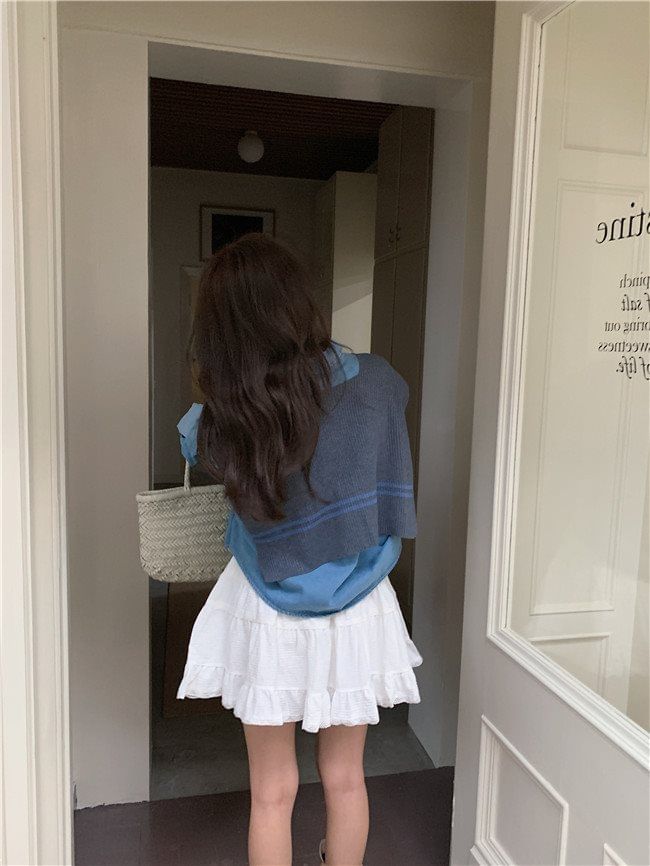 Washed Denim Shirt with Striped Scarf Set