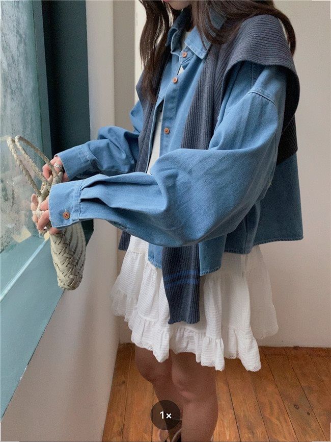 Washed Denim Shirt with Striped Scarf Set