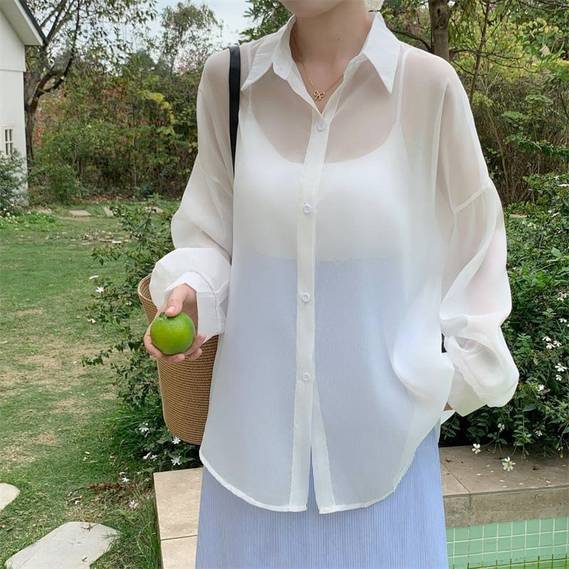 Sheer Collared Long Sleeve Shirt