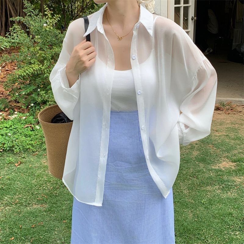 Sheer Collared Long Sleeve Shirt