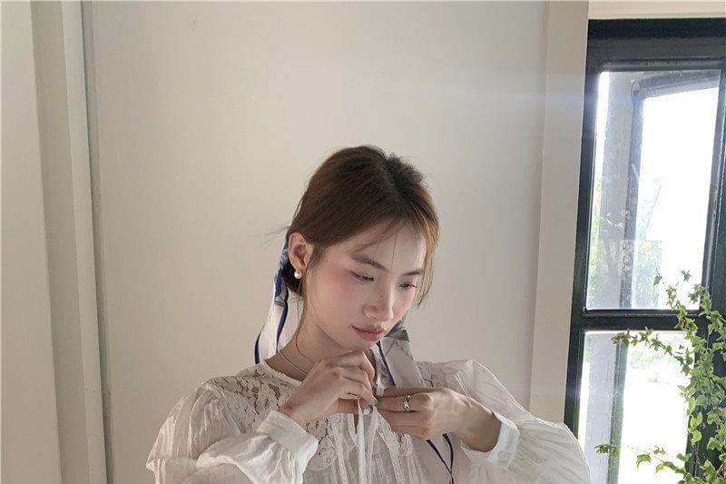 Lace Panel Tie Neck Long Sleeve Blouse