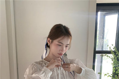Lace Panel Tie Neck Long Sleeve Blouse