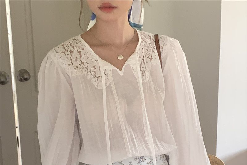Lace Panel Tie Neck Long Sleeve Blouse