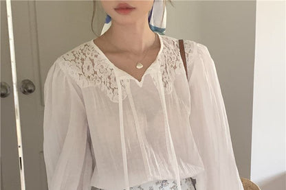 Lace Panel Tie Neck Long Sleeve Blouse