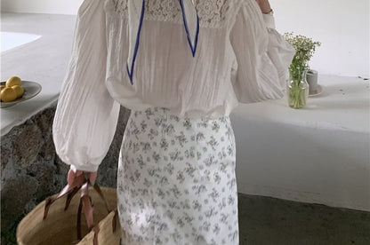 Lace Panel Tie Neck Long Sleeve Blouse