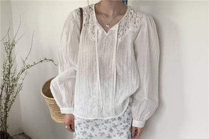 Lace Panel Tie Neck Long Sleeve Blouse