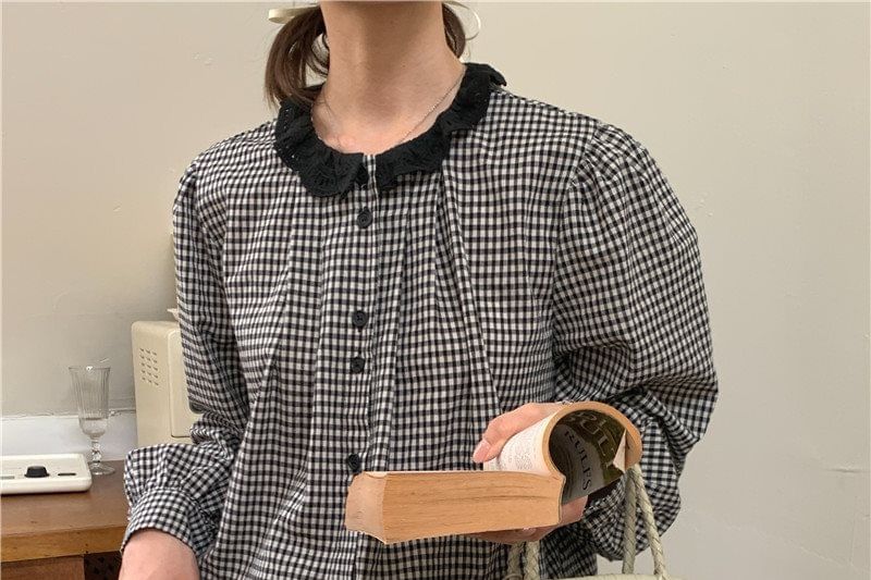 Plaid Collared Long Sleeve Blouse