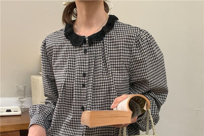 Plaid Collared Long Sleeve Blouse