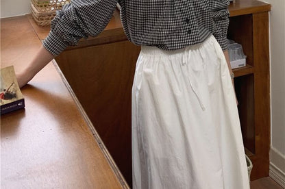 Plaid Collared Long Sleeve Blouse