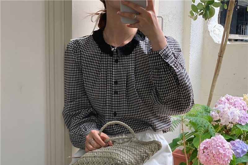 Plaid Collared Long Sleeve Blouse