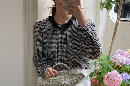 Plaid Collared Long Sleeve Blouse