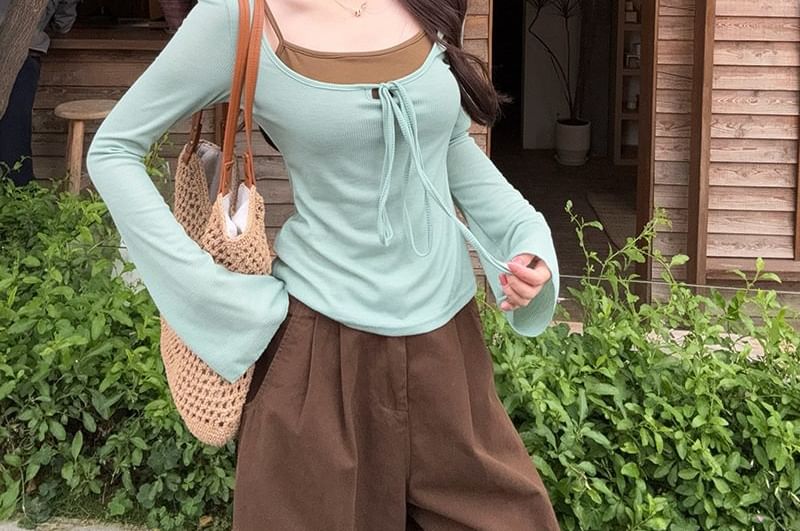 Tie-Front Scoop Neck Top with Camisole Set
