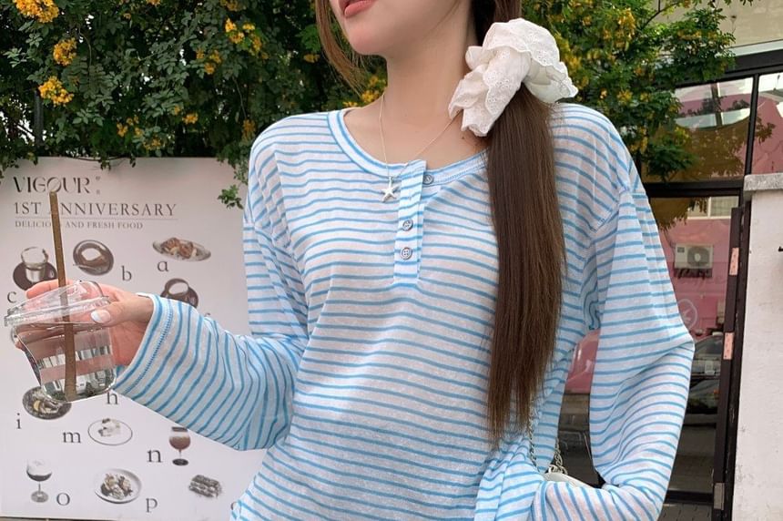 Henley Striped Long Sleeve Tee