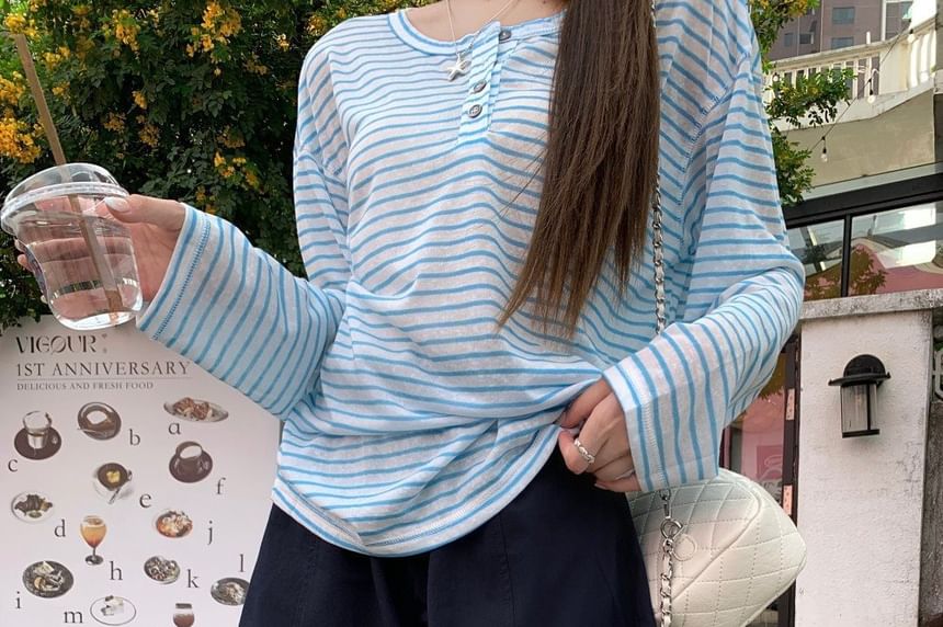 Henley Striped Long Sleeve Tee