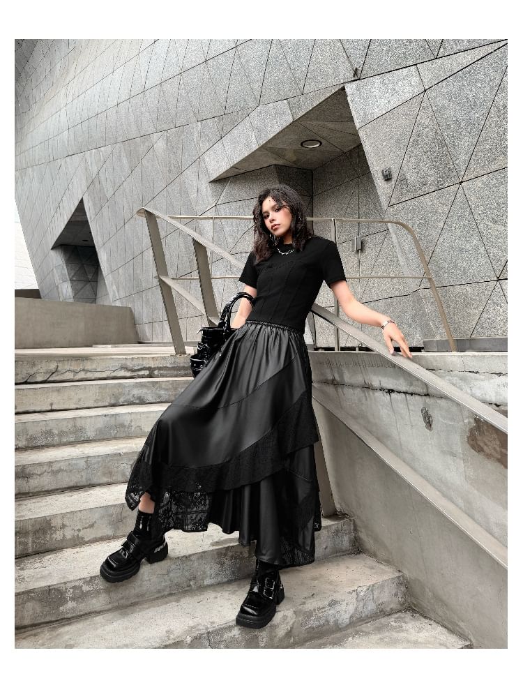 Crewneck Tee with Layered Maxi Skirt