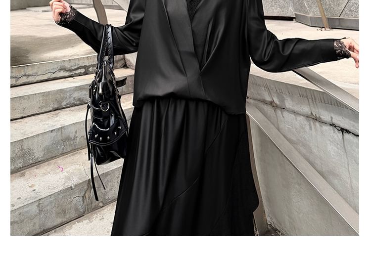 Satin V-Neck Long Sleeve Blouse