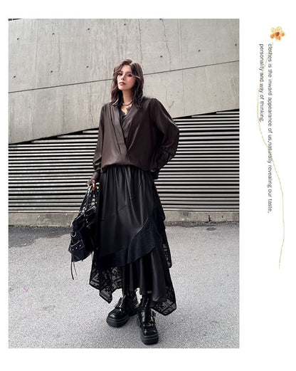 Satin V-Neck Long Sleeve Blouse