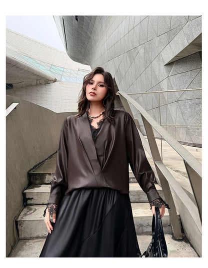 Satin V-Neck Long Sleeve Blouse