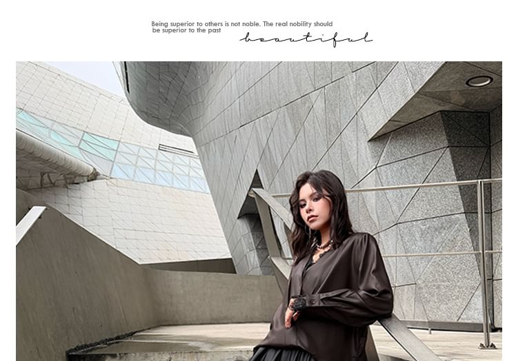 Satin V-Neck Long Sleeve Blouse