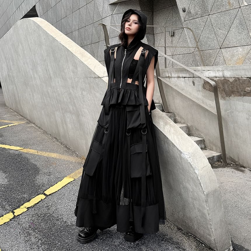 Hooded Crop Zip-Up with Sheer Wide Leg Pants