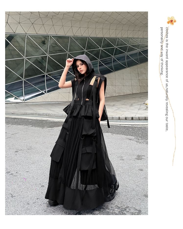 Hooded Crop Zip-Up with Sheer Wide Leg Pants