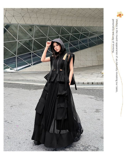Hooded Crop Zip-Up with Sheer Wide Leg Pants