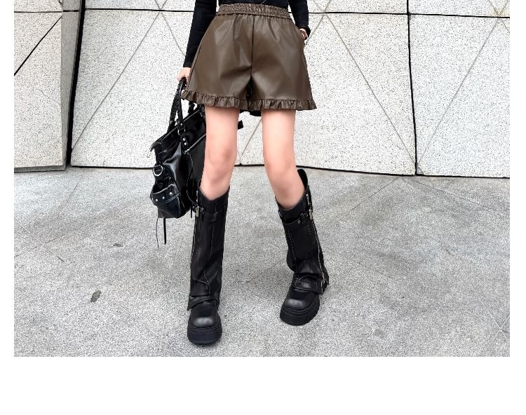 Faux Leather Shorts with Mock Neck Long Sleeve Top