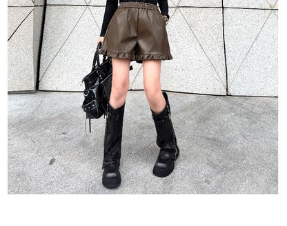 Faux Leather Shorts with Mock Neck Long Sleeve Top