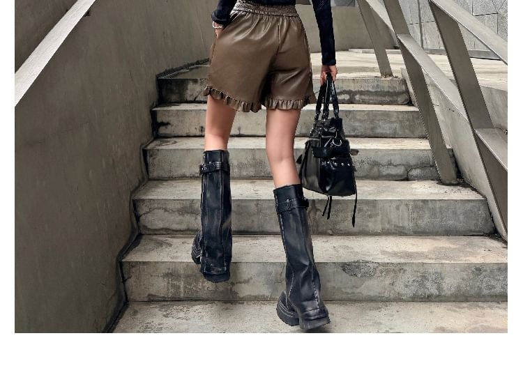 Faux Leather Shorts with Mock Neck Long Sleeve Top