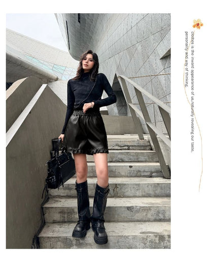 Faux Leather Shorts with Mock Neck Long Sleeve Top
