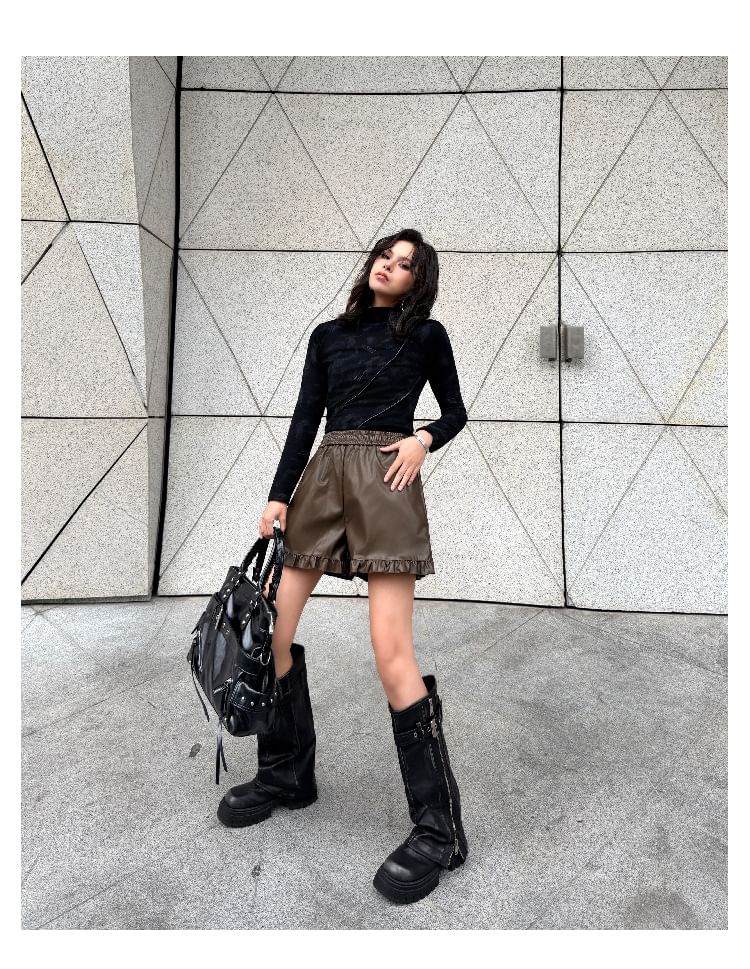 Faux Leather Shorts with Mock Neck Long Sleeve Top