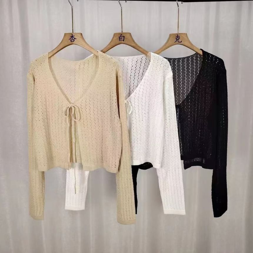 Plain Pointelle Knit Cropped Lace-Up Cardigan