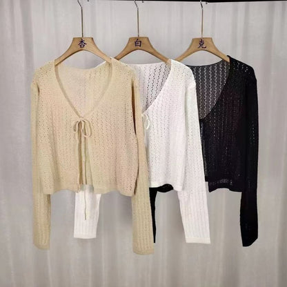 Plain Pointelle Knit Cropped Lace-Up Cardigan