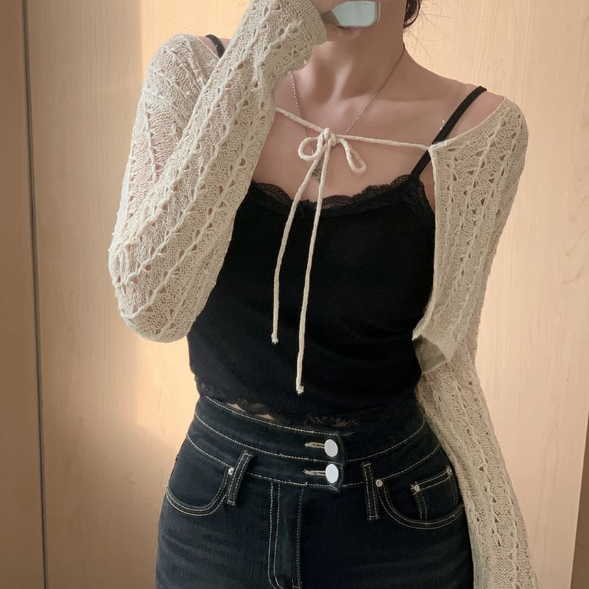 Plain Pointelle Knit Cropped Lace-Up Cardigan