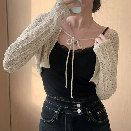 Plain Pointelle Knit Cropped Lace-Up Cardigan