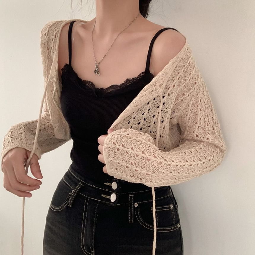 Plain Pointelle Knit Cropped Lace-Up Cardigan