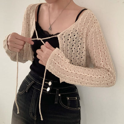 Plain Pointelle Knit Cropped Lace-Up Cardigan