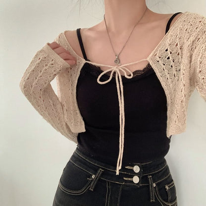 Plain Pointelle Knit Cropped Lace-Up Cardigan