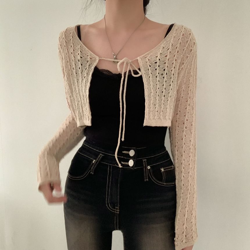 Plain Pointelle Knit Cropped Lace-Up Cardigan