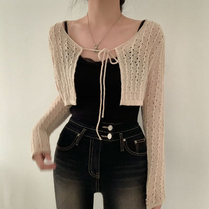Plain Pointelle Knit Cropped Lace-Up Cardigan