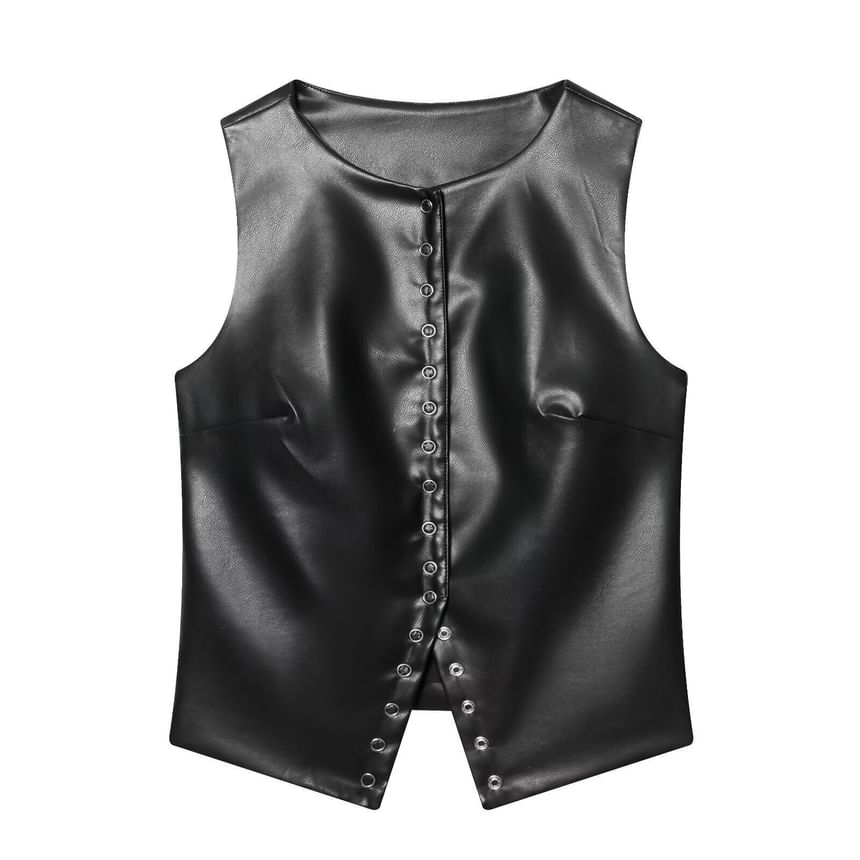 Sleeveless Faux Leather Snap Button Top