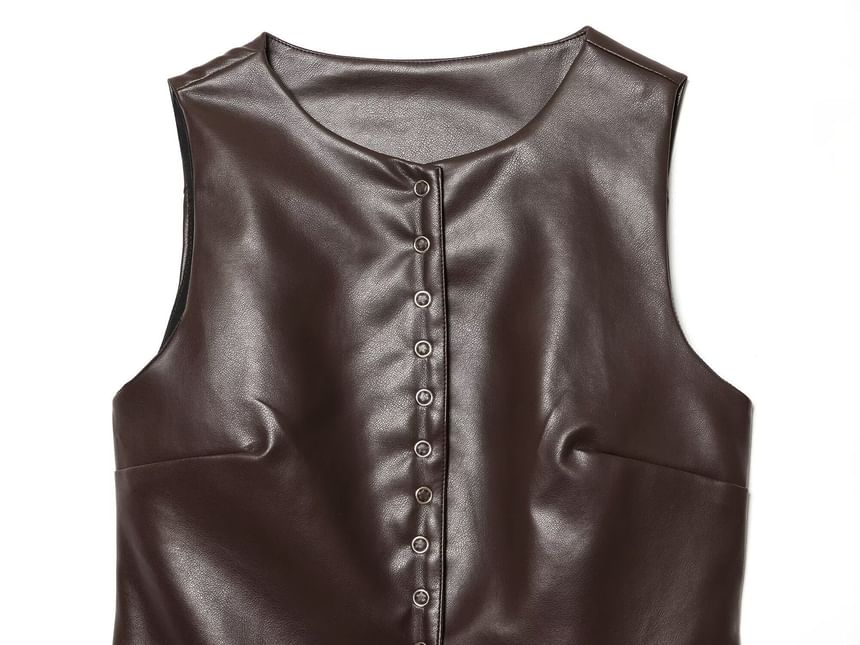 Sleeveless Faux Leather Snap Button Top