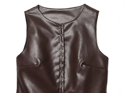 Sleeveless Faux Leather Snap Button Top