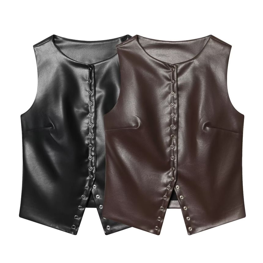 Sleeveless Faux Leather Snap Button Top