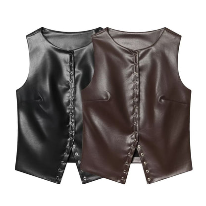 Sleeveless Faux Leather Snap Button Top