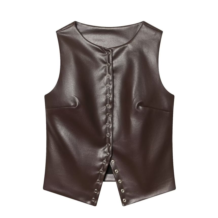Sleeveless Faux Leather Snap Button Top